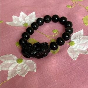 Vintage Chinese Carved Black Onyx Beads Stretch Bracelet men